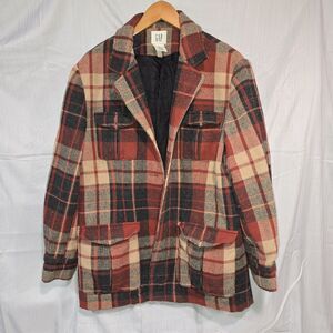 VTG GAP Wool Plaid Shirt Jacket Red Black Brown Preppy Sporty Unisex - AS IS